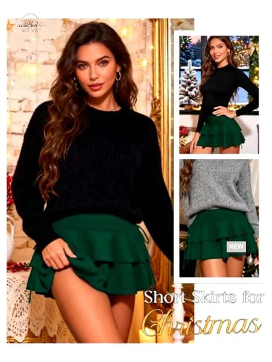 High Waisted Pleated Mini Skirt Stretchy Ruffle Layered Skater Skirt - Picture 2 of 6